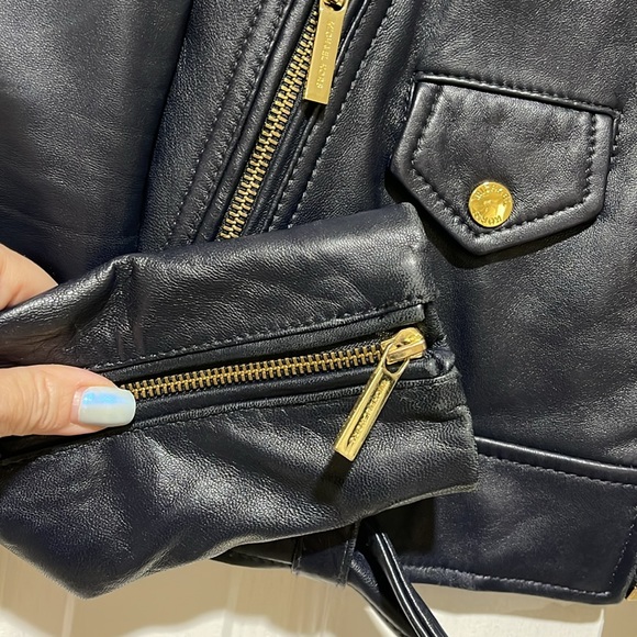 MICHAEL BY MICHAEL KORS MOTO MIDNIGHT BLUE BLACK LEATHER JACKET & GOLD HARDWARE - Picture 3 of 11